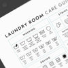 Sheet showing laundry care symbols and an explanation of their meaning for washing, drying and stains