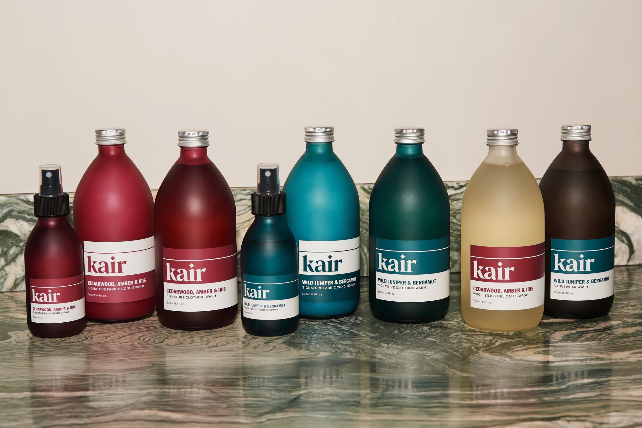 Full Range of Kair Signature Clothing Wash, Fabric Conditioner and Finishing Sprays in Wild Juniper & Bergamot and Cedarwood, Amber & Iris scents