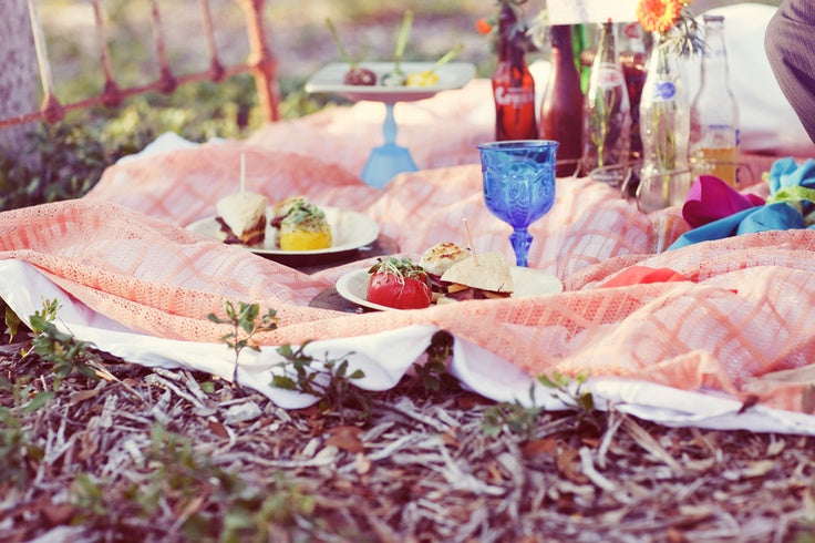 Spring picnic in the woods with a peach-coloured picnic rug, plates of finger food (sandwiches, strawberries), and glass bottles of soft drinks, with a dark blue glass in the foreground 